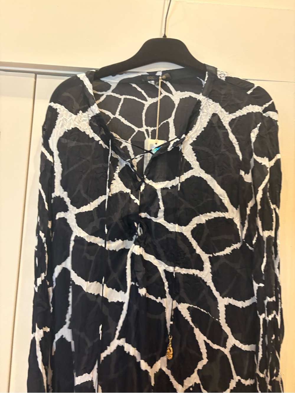 Roberto Cavalli Black & White Sheer Giraffe-Print Maxi Coverup with Tie Front - Picture 3 of 4